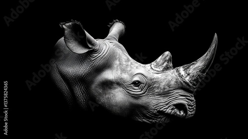 Picture of a rhino head captured in black and white, showcasing a single long tusk and several thinner tusks