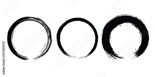 Set of black grunge paintbrush strokes. Enso Zen symbol. Circular label, logo, text frame, banner, emblem, badge. Grunge design element. Isolated. Distress texture. Ink brush strokes