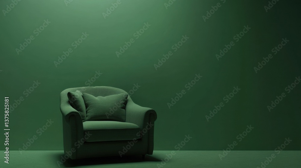 Comfortable green armchair in minimalist setting with soft lighting and textured wall Comfortable green armchair in minimalist setting with soft lighting and textured wall