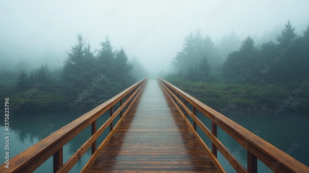 Naklejka premium Misty forest bridge over tranquil water