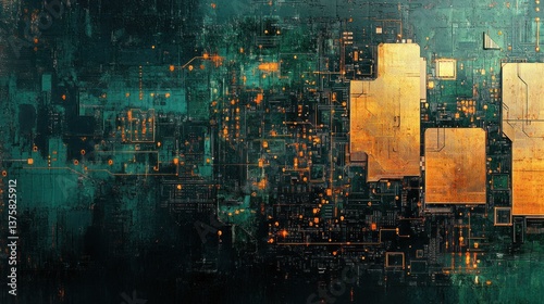 abstract technological artwork depicting circuit patterns and digital networks in a dark green and golden colour scheme artistic background
