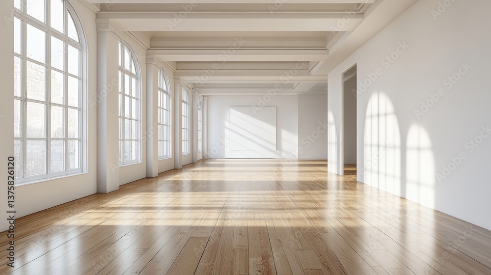 Contemporary art gallery with spacious white walls and wooden floors. Contemporary art gallery with spacious white walls and wooden floors.