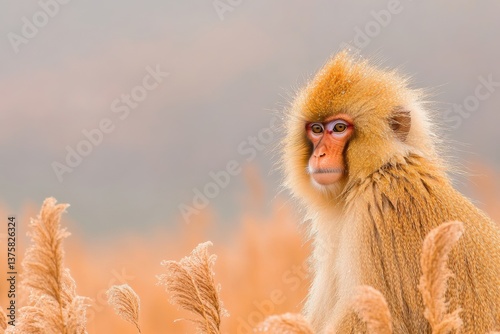 Japanese macaque monkey with messy hair, a funny expression on its face, and wet fur from the rain. 