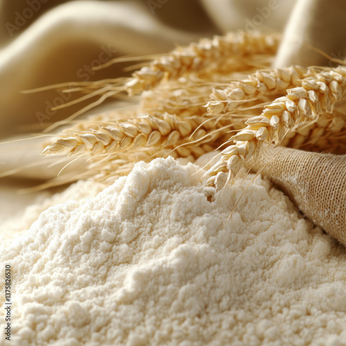 white flour with wheat ears, with a cloth on top, captured