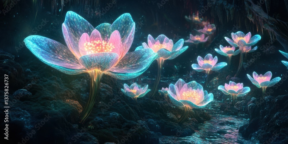 Glowing flowers illuminate a mystical underground grotto during a tranquil night Glowing flowers illuminate a mystical underground grotto during a tranquil night