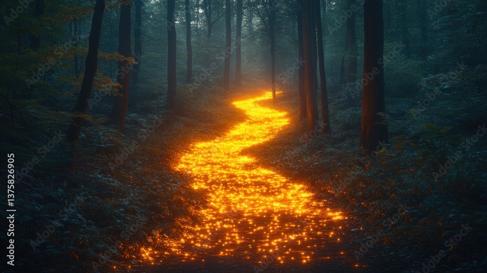 Fototapeta premium Mystical forest path glowing orange in fog
