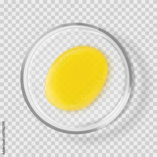 Glass petri dish with vitamic C serum blob realistic vector illustration isolated. Beauty skincare cosmetic products concept laboratory tests and research