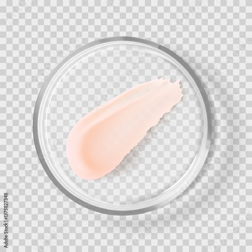 Pink lip balm smear stroke in transparent glass Petri Dish realistic vector illustration isolated. Beauty skincare cosmetic product tests and research