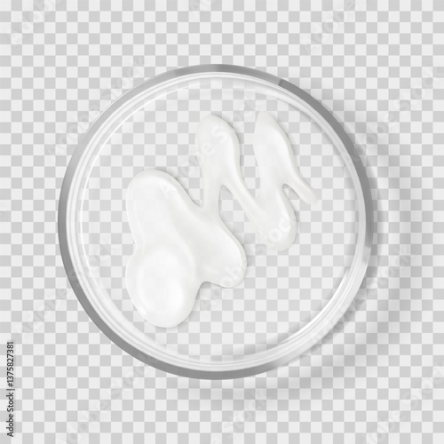 Clear gel smear stroke in transparent glass petri dish realistic vector illustration isolated. Beauty skincare cosmetic products concept laboratory tests and research