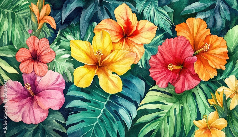 custom made wallpaper toronto digitalVibrant tropical flower arrangement. Lush hibiscus blooms in various hues of orange, yellow, red, and pink, amidst a backdrop of vibrant green tropical leaves