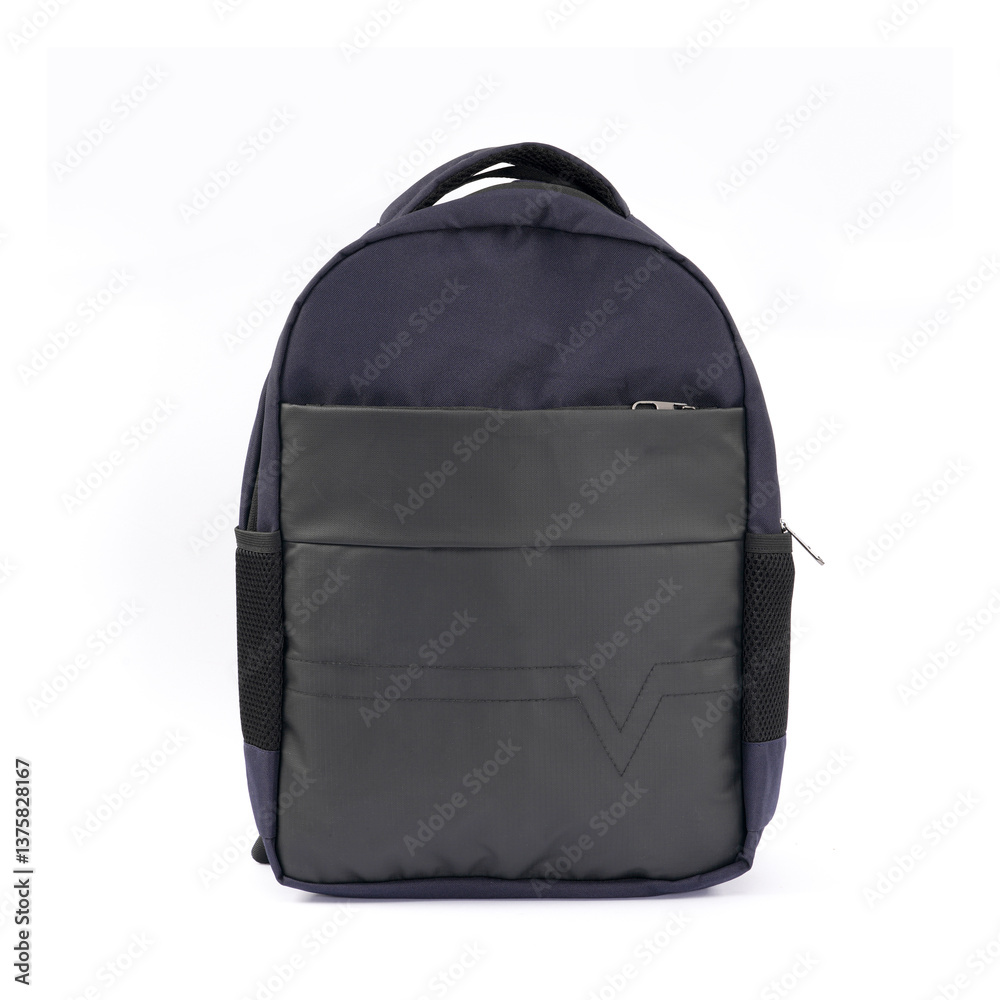 Fototapeta premium Black backpack isolated on white background, User friendly backpack, Front view of white textile backpack, Stylish black school backpack.
