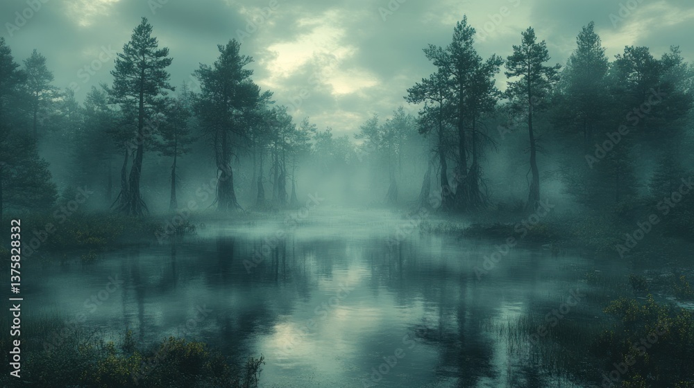 Fototapeta premium Misty forest lake, tranquil scene, morning fog, tall pines, reflecting sky