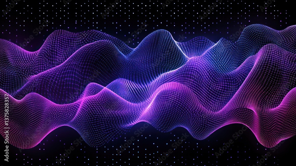 Fototapeta premium abstract futuristic landscape with glowing net waves and starry sky creating a dynamic visual for technology and scientific presentation