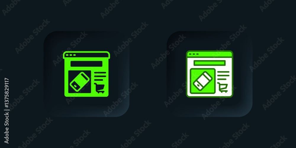Green Online shopping on screen icon isolated on black background. Concept e-commerce, e-business, online business marketing. Black square button. Vector Green Online shopping on screen icon isolated on black background. Concept e-commerce, e-business, online business marketing. Black square button. Vector