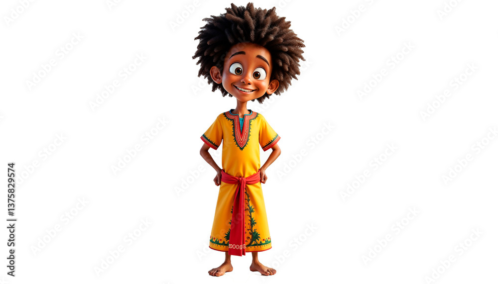 Fototapeta premium Cheerful Angolan Boy in Traditional Yellow Tunic Against White Background