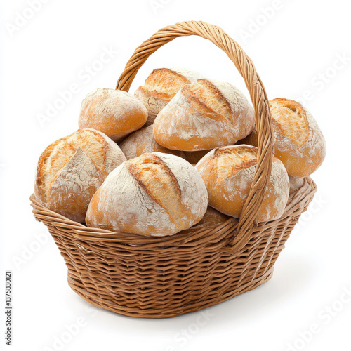 a picnic basket full of Italian style bread on a white background