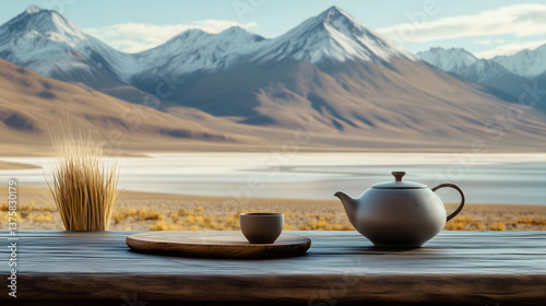 Rustic Wooden Table with a Teapot Overlooking Chile’s Majestic Landscape photo