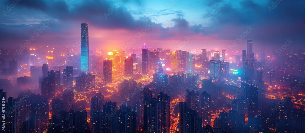 Obraz premium Aerial view of illuminated cityscape at dusk