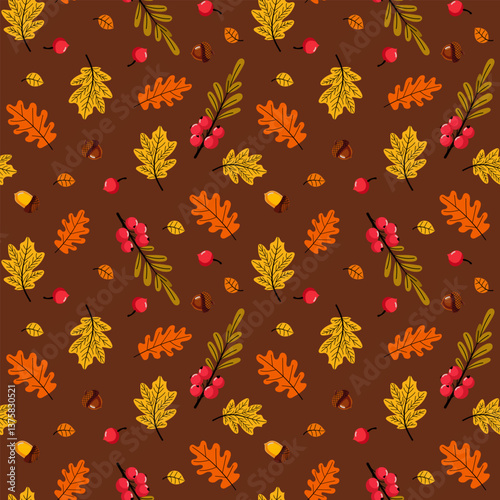 Seamless autumn pattern with leaves, acorns, berries. Rain, Vector