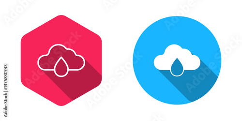 Filled and outline Cloud with rain icon isolated with long shadow background. Rain cloud precipitation with rain drops. Vector
