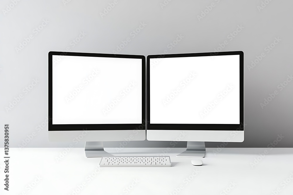 Two Computers with White Screens and Keyboard on a White Desk Gray Background Two Computers with White Screens and Keyboard on a White Desk Gray Background