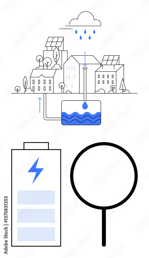 Obraz premium Solar panels atop houses collect energy, rainwater is stored underground, magnifying glass for analysis, and battery represents energy storage. Ideal for sustainability, renewable energy