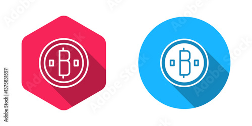 Filled and outline Cryptocurrency coin Bitcoin icon isolated with long shadow background. Physical bit coin. Blockchain based secure crypto currency. Vector