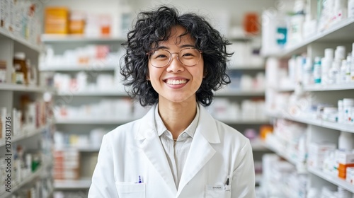 Asian female pharmacist smiling in a pharmacy with shelves of medicine in the background.