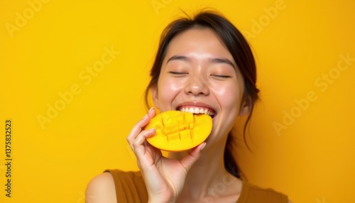 Asian woman taking a bite of a juicy mango slice