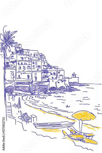 Beautiful summer european travel destination. Hand drawn style of south france or Italy coastline