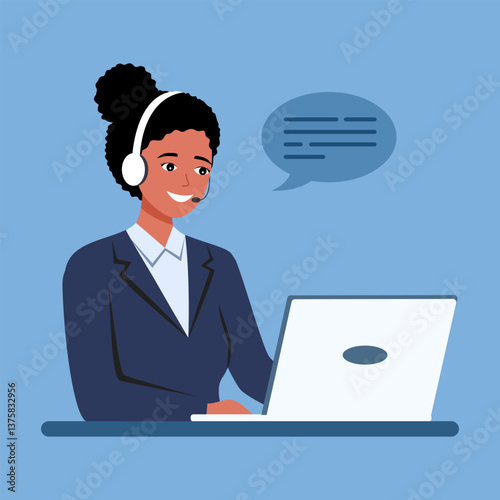 Black woman with headphones and microphone working on laptop. Customer service, assistance, support, call center concept vector illustration in flat design.