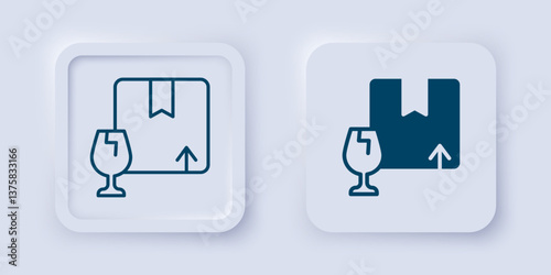 Filled and outline Delivery package box with fragile content symbol of broken glass icon isolated on grey background. Box, package, parcel sign. Square button. Vector