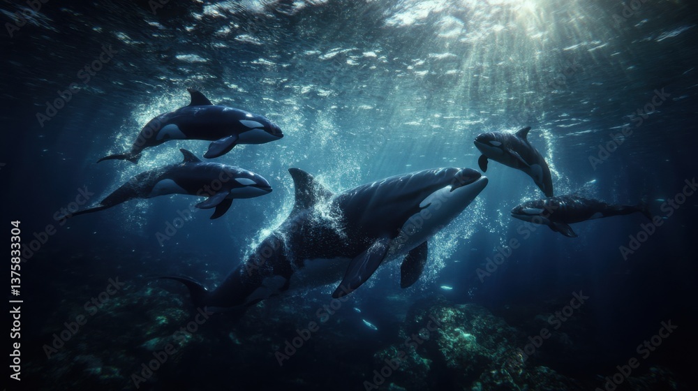 Obraz premium A pod of sleek orcas gliding effortlessly through the dark depths of the ocean. 