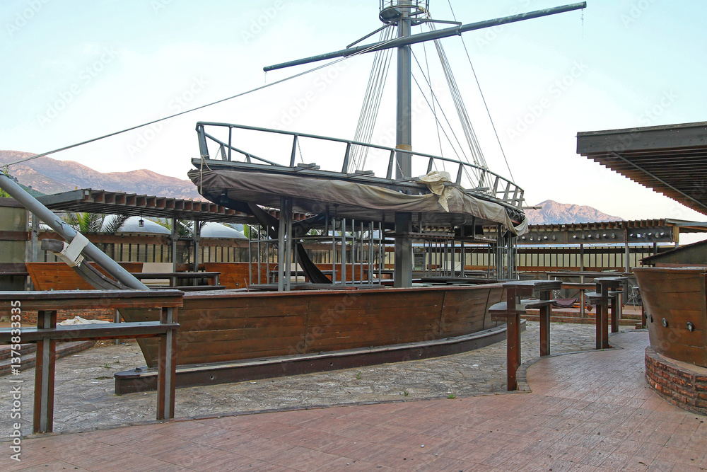 Wooden Sailboat Shape Beach Bar Empty Coffee Shop in Budva Montenegro