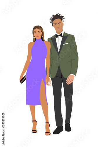 Multiracial couple wearing evening formal outfit for celebration, wedding, event, party. Happy man and woman in gorgeous clothes vector realistic illustration isolated 