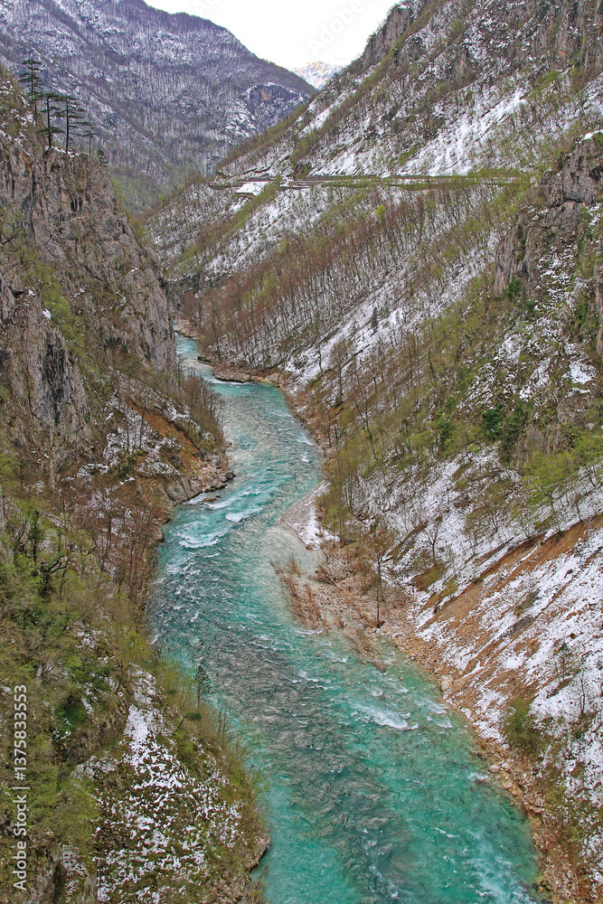Aerial View of Cold Tara River in Rural Montenegro Spring Day Nature
