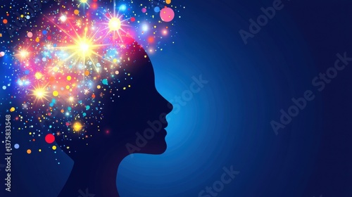 Colorful Sparkles Exploding from Woman's Head Silhouette