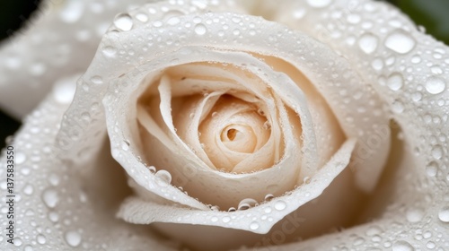 Delicate white rose covered in dew drops glistens in the morning light in a garden setting