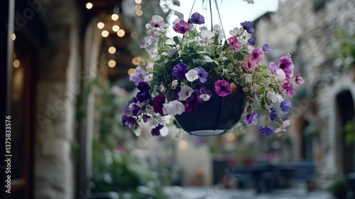 Colorful flowers hanging in a quaint courtyard during a sunny afternoon