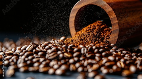 Coffee grounds spilling from wooden grinder, dark background, coffee beans