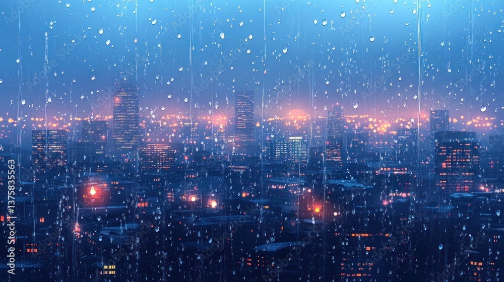 Fototapeta premium a melancholic cityscape through a rain-streaked window showcasing urban lights and reflections creating an intimate cozy atmosphere