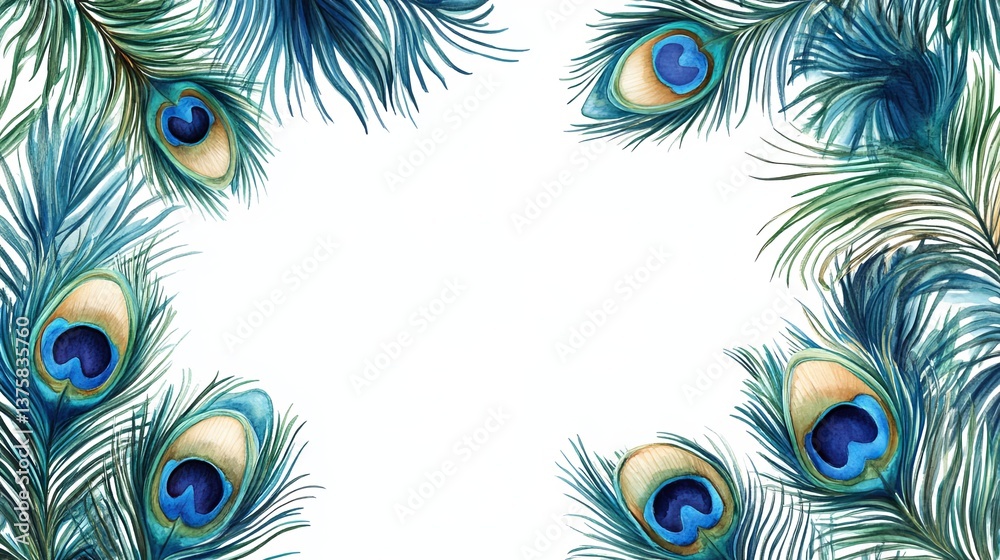 Obraz premium Elegant peacock feather border design with a blank central area for customizable text ideal for invitations or announcements