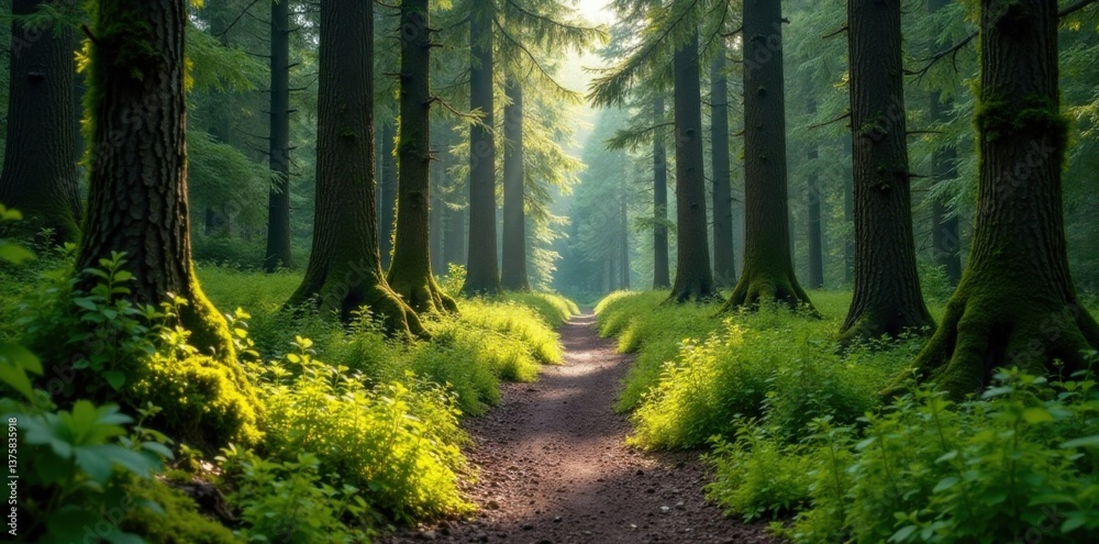 Obraz premium Abandoned fir forest path with moss and lichen, woodland, overgrown, abandoned