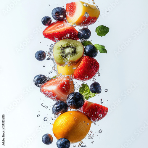Fresh cut fruits floating in the air, white background 