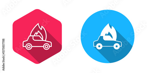 Filled and outline Burning car icon isolated with long shadow background. Car on fire. Broken auto covered with fire and smoke. Vector