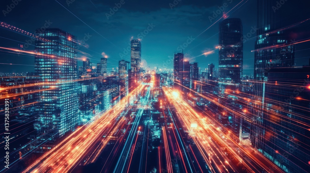 A futuristic cityscape depicts information flow through digital networks A futuristic cityscape depicts information flow through digital networks
