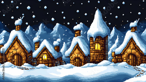 Pixel Art Snowy Village With Lit Windows and Snow Covered Mountains in a Cold Blue Night Sky