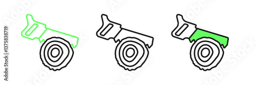 Set line Hand saw and log icon isolated on white background. Vector