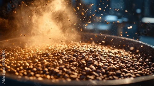 Coffee beans roasting, smoke, and flying particles in industrial roaster