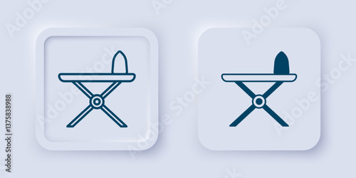 Filled and outline Electric iron and ironing board icon isolated on grey background. Steam iron. Square button. Vector